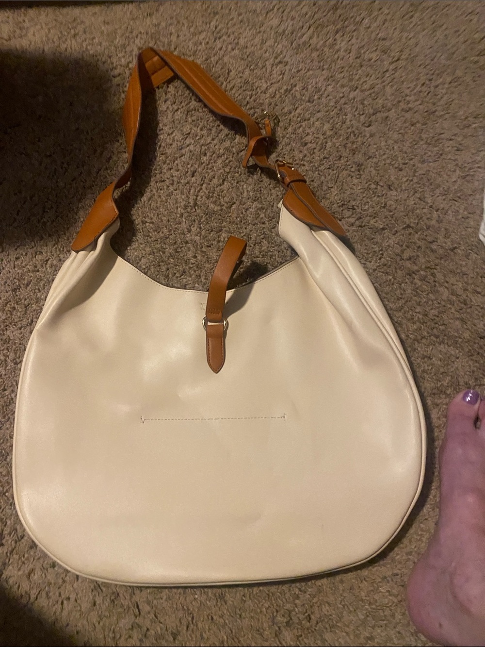 100% Pure Cream Hobo Shoulder Bag with Tan Strap